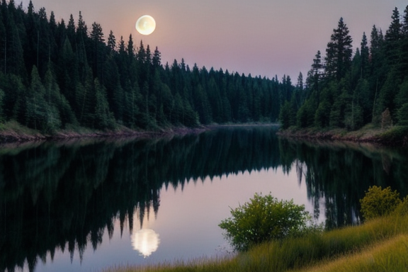 A peaceful nighttime landscape with a full moon illuminating a serene lake surrounded by trees