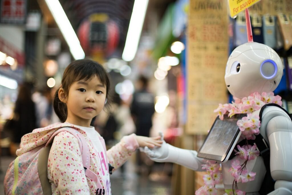 photo of girl laying left hand on white digital robot - what does the bible say about artificial intelligence