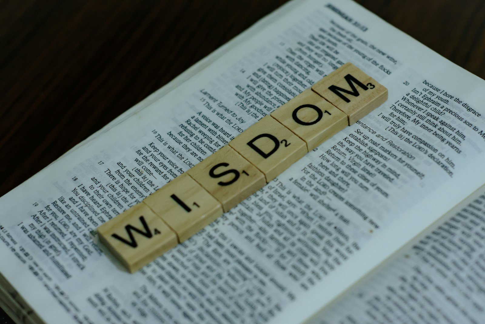 a scrabbled word spelling the word w is down on top of a - what does the bible say about wisdom